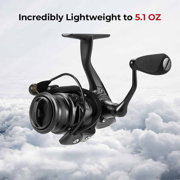 Piscifun® Carbon X Spinning Reel: Feather-light carbon fiber body, silky smooth operation with 10+1 stainless steel bearings, high-speed retrieve, and 33lbs drag power. Innovative features for all anglers.