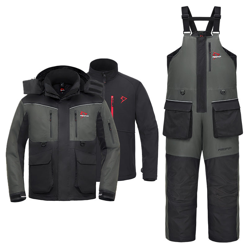 Piscifun Ice Fishing Suit,3 in 1 Jacket,Waterproof Fishing Bib With Fl |  Suit / Black Gray / XL | Piscifun