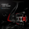 A close-up of the Piscifun ICX 5 Ice Fishing Reel with a black and red design and a quick folding handle.