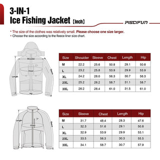 Piscifun Ice Fishing Suit: Diagram of a waterproof jacket with windproof shell, Thinsulate insulation, and 16 pockets for storage.