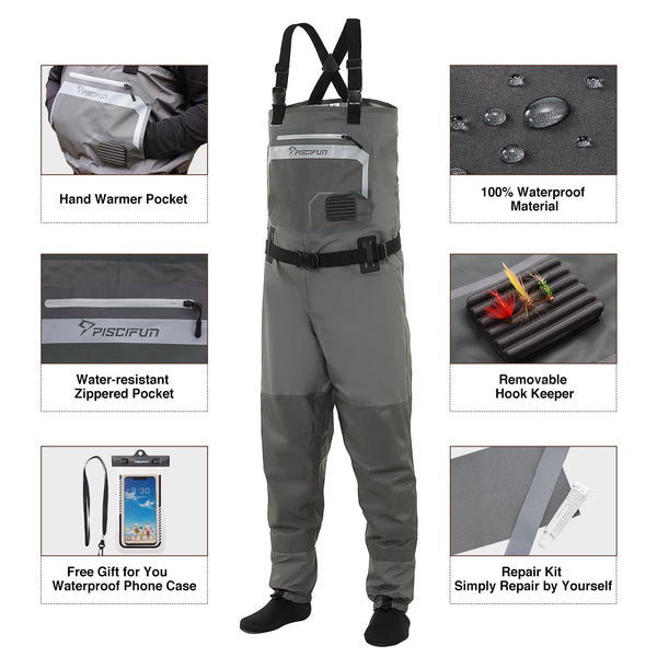 Piscifun® Breathable Chest Waders, fishing in a river with durable nylon suspenders and 4mm neoprene booties.