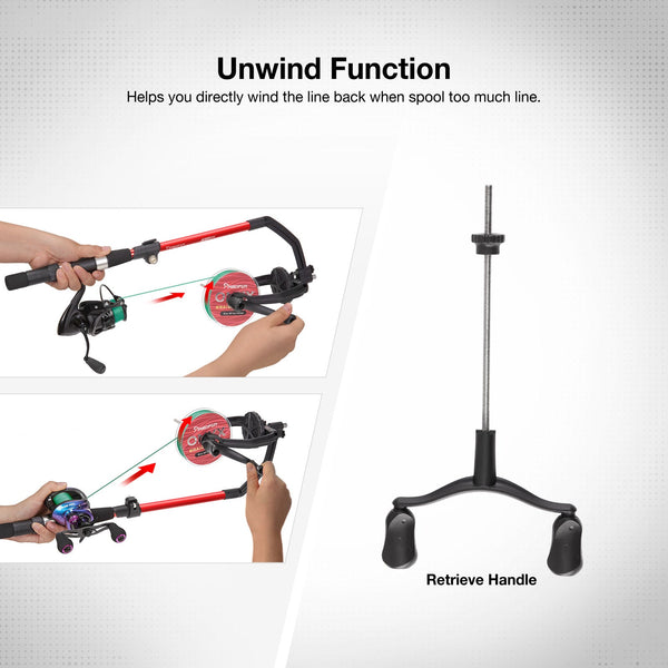 A collage of hands holding a rod, showcasing the Piscifun® Speed X Fishing Line Spooler Machine.