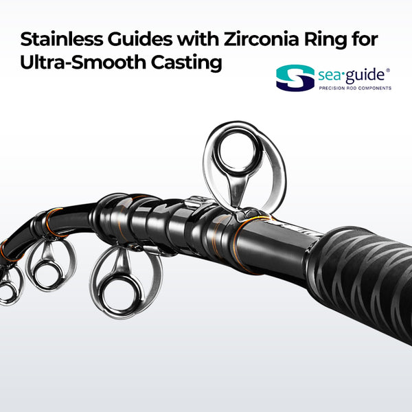 Close-up of Piscifun® Saltflow High-Tech Rod for offshore saltwater fishing. Patented MID-THREAD structure, CG1 composite material, SEAGUIDE® accessories, EVA front grip, corrosion-resistant 316L stainless steel components.