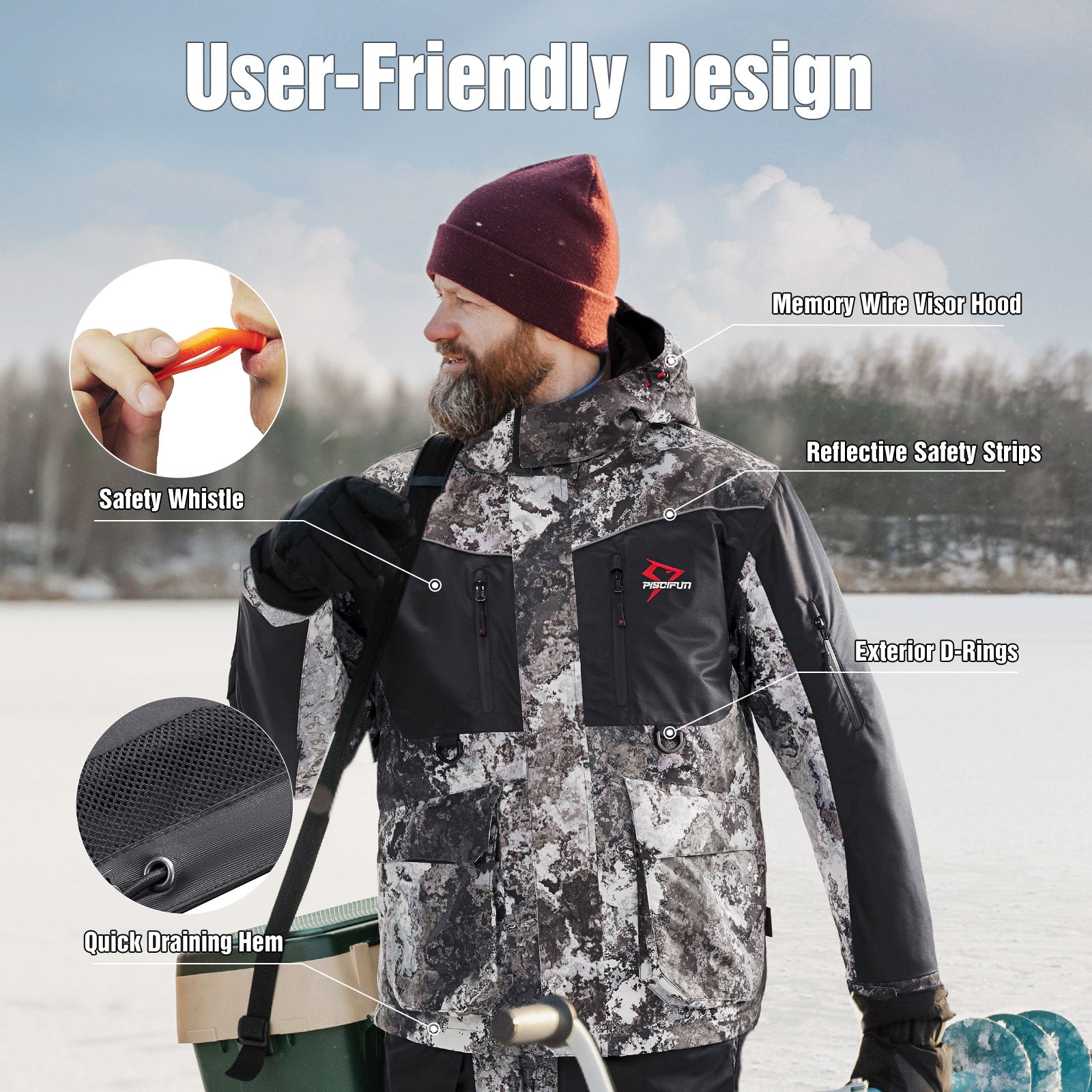 Piscifun Ice Fishing Insulated Jacket, Waterproof Flotation Fishing Jackets for Cold Weather Conditions, M / Grey